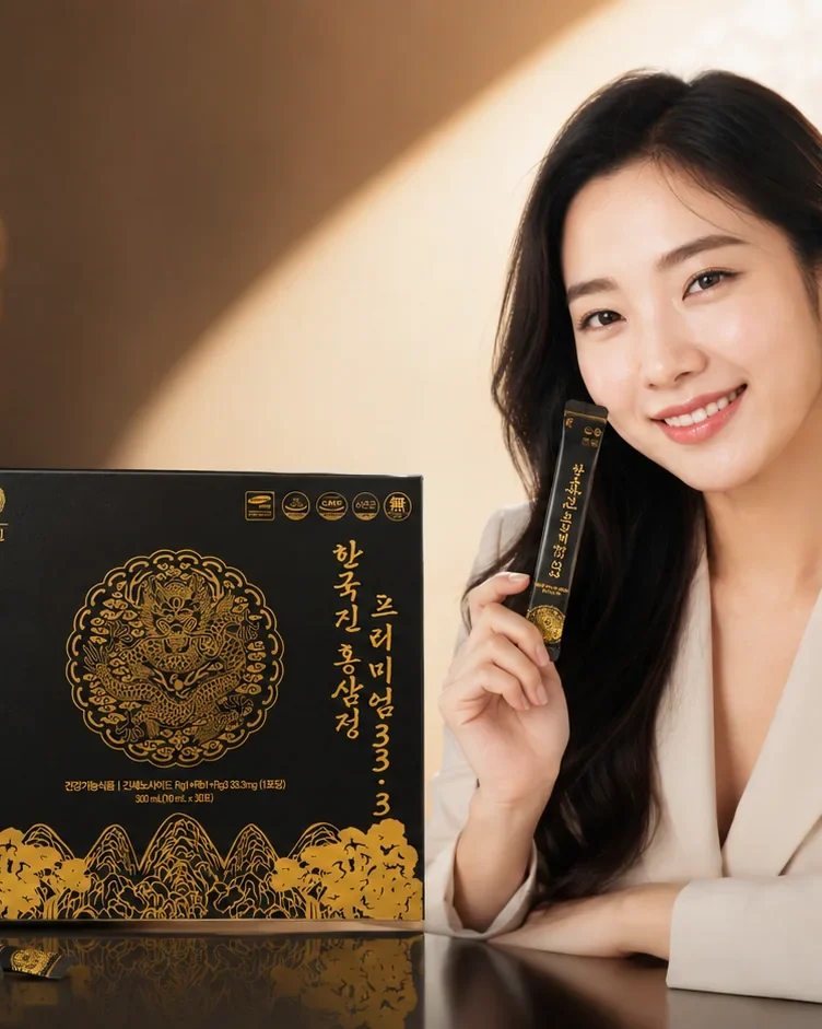 Người mẫu cầm gói hồng sâm Hangukjin bên cạnh hộp quà đen vàng